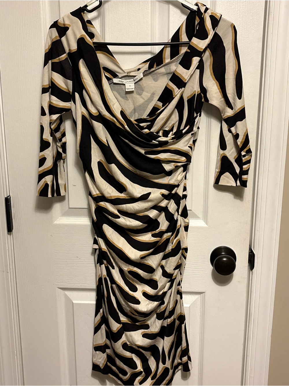 Diane von Furstenburg Black and Cream Ruched Zebra-Print Dress